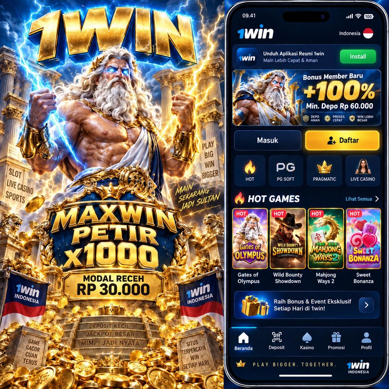 1WIN - Dowdload & Install Aplikasi Slot Asli Minimal Bet 400 Perak